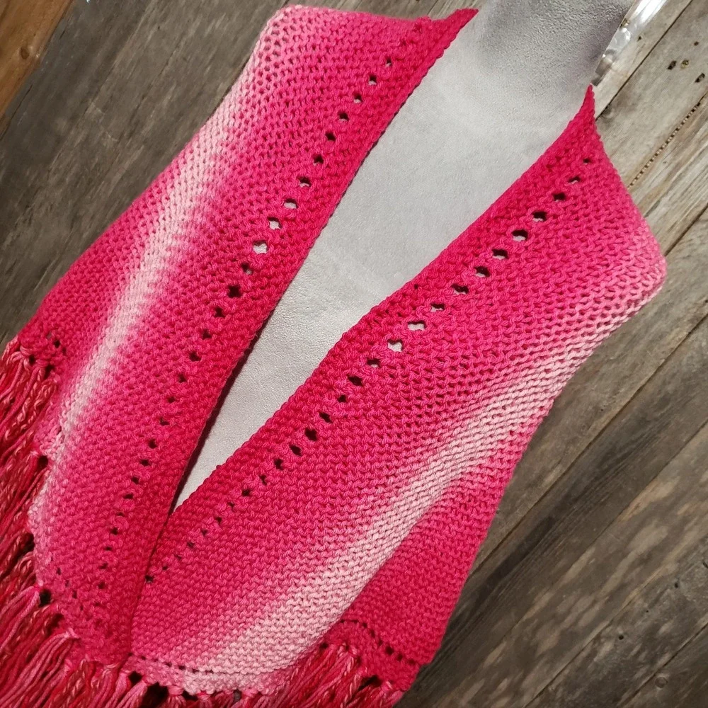 NEW Pink Ombre Hand‎ Knitted Shawl Wrap Scarf Boho Fringe Cottage Coquette Fairy